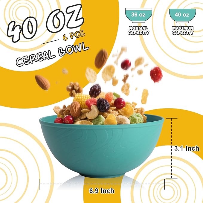 40 OZ Wheat Straw Bowl Sets, 6 PCS Unbreakable & Lightweight Salad Bowls, Microwave & Dishwasher Safe, BPA-Free, Kitchen Bowl Set for Serving, Soup, Oatmeal, Fruit, Noodles, Green