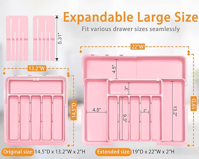Homecor Silverware Organizer - Expandable Large Kitchen Drawer Organizer Utensil Organizer with 2 Knife Block Inserts, 22"x 19"Cutlery Tray with Drawer Dividers for Kitchen Flatware (Pink)