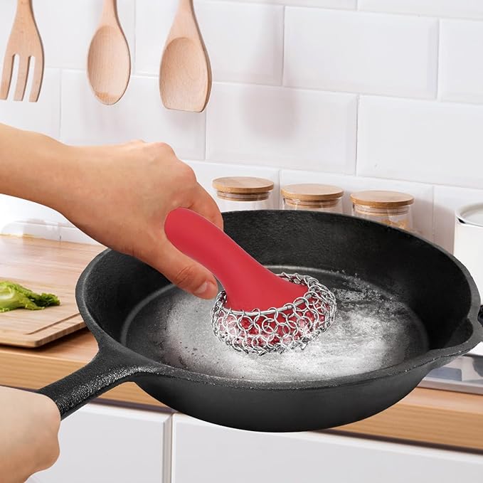 Cast Iron Scrubber with Long Handle | 316 Cast Iron Cleaner Chainmail Scrubber for Cast Iron Pan Skillet Cleaner - Dish Scouring Pad Dishwasher Safe Cleaning Kit (Red, 1 Scrubber + 1 Scraper)
