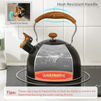 LONFFERY Tea Kettle for Stove Top, 2.5 Quart Whistling Tea Kettle, with Food Grade Stainless Steel and Wood Pattern Folding Handle, Black