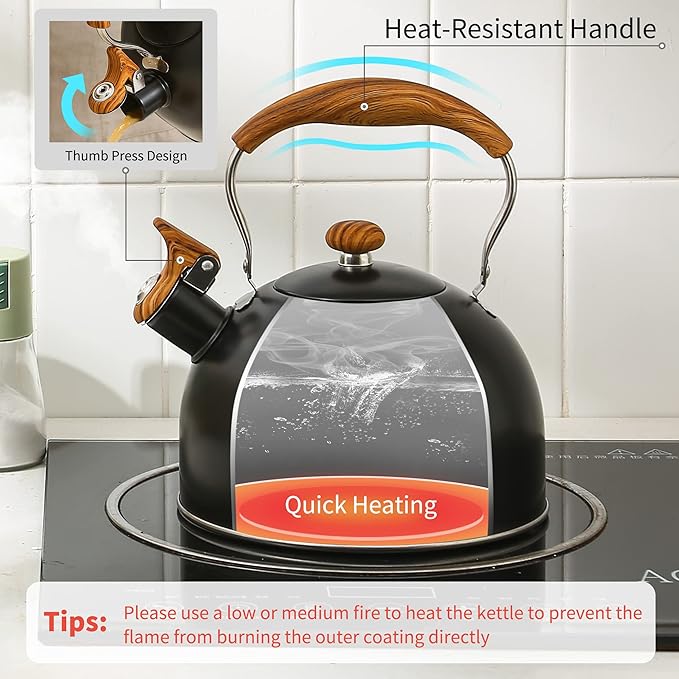 LONFFERY Tea Kettle for Stove Top, 2.5 Quart Whistling Tea Kettle, with Food Grade Stainless Steel and Wood Pattern Folding Handle, Black