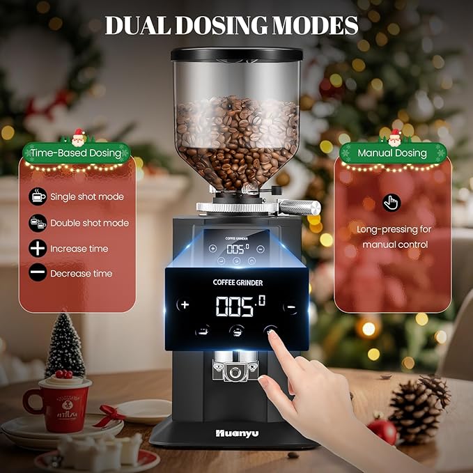 Huanyu Professional Coffee Grinder with 74mm Flat Burr 53ounce Bean Hopper 15 Infinite Grinding Settings Electric Coffee Grinder with Touching Screen Black