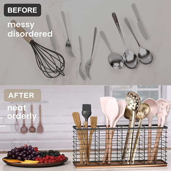 Extra Large Kitchen Utensil Holder with 4 Compartments,Metal Utensil Organizer with Acacia Wood Base for Kitchen Countertop, Flatware Organizer for Silverware and Cooking Utensils Crocks