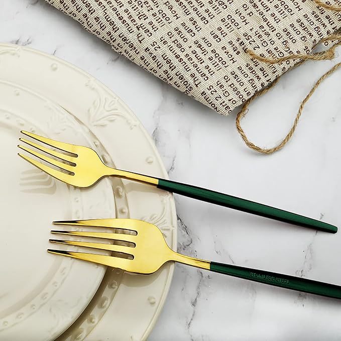 24Pcs Gold Mirror Silverware Flatware With Green Handle, 18/0 Stainless Steel Cutlery Set Utensils Kitchen Dinnerware Include Knife Fork Spoon and Teaspoon, Service for 4