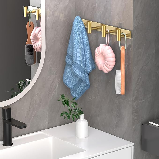 Wall Mounted Coat Rack-4 Hooks, Heavy Duty Stainless Steel Hook Rail for Towel Coat Hat Purse Bag Jacket, Towel Hooks for Entryway Bathroom Kitchen (Gold 4 Hooks - 1 Pack)