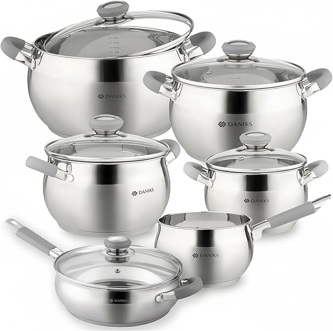 Daniks Modern 11-Piece Stainless Steel Cookware Set with Glass Lids, Includes Saucepan and Frying Pan with Lid, Tri-Ply Bases for Even Heating, Induction Compatible, Dishwasher Safe, Heatproof Handles