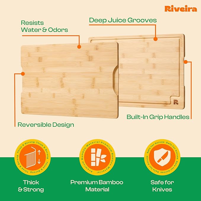 Riveira Bamboo Grandeur: 18 x 12 Bamboo Cutting Board Natural Wooden Cutting Board With Innovative Juice Grooves
