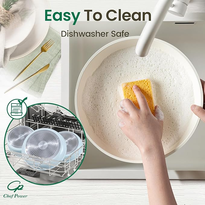 Chef Power Ceramic Nonstick Pots and Pans Set 19 Piece with Detachable Handle, Induction Dishwasher Oven Safe Cookware Set, RV Kitchen Set Removable Handle (Light Blue)