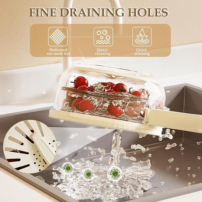 2Pcs Kitchen Colanders Bowl Multifunctional Fruit and Veggie Washing Bowl with Lid Plastic Food Strainers Colander Draining Basket Folding Handle Kitchen transparent Drain Basket for Food Storage