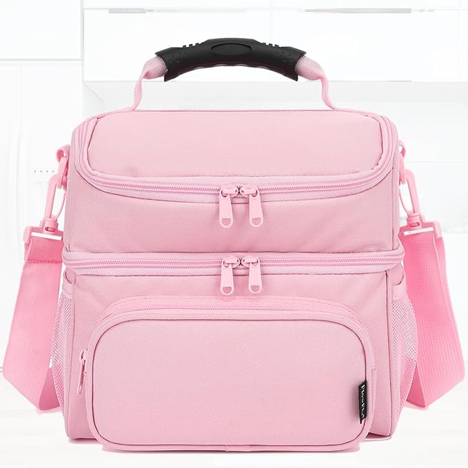 FlowFly Double Layer Cooler Insulated Lunch Bag Adult Lunch Box Large Tote Bag for Men, Women, With Adjustable Strap,Front Pocket and Dual Large Mesh Side Pockets