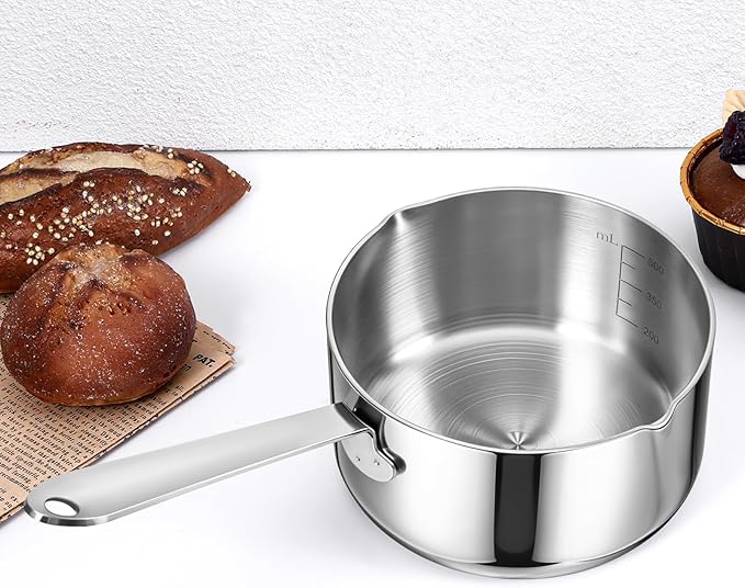 Stainless Steel Butter Warmer Measuring Pan 0.5 Quart Small Sauce Pan 18/10 Tri-Ply Stainless Steel Saucepan with Dual Pour Spouts