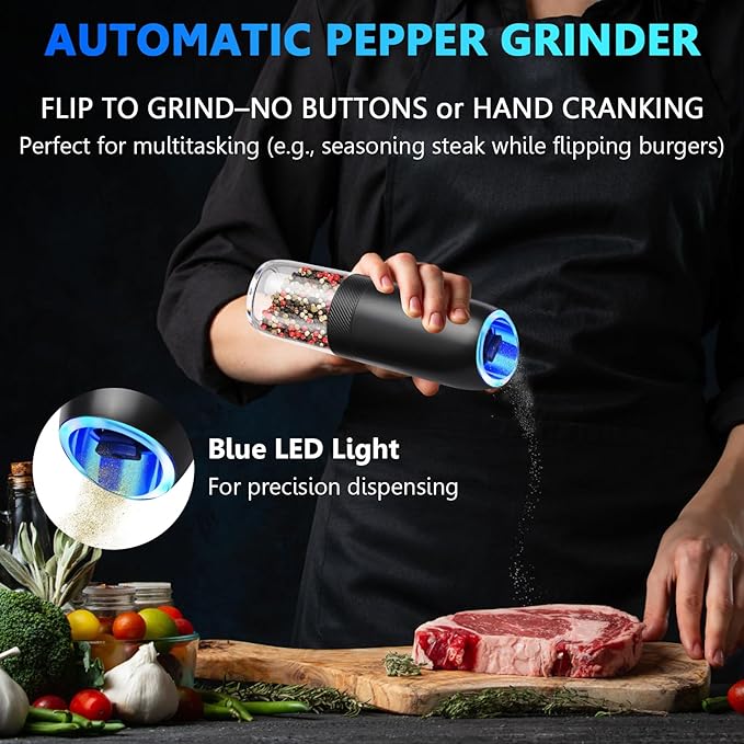 Gravity Electric Pepper and Salt Grinder,BoAn Automatic Battery Salt and Pepper Grinder Set,One-Hand Ceramic Larger Chamber Spice Mill,Adjustable Coarseness with LED Light for Kitchen New Home Gifts