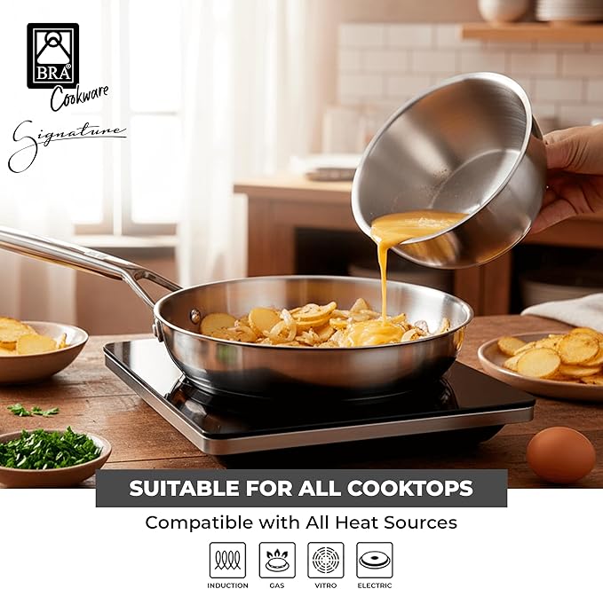 BRA COOKWARE Signature Frying Pan | 9.5 inches Professional Skillet | Stainless Steel Frypan | All Stovetop Compatible - Full Induction Skillet | PFOA Free | w/o Non-Stick Coating | Polished Finish
