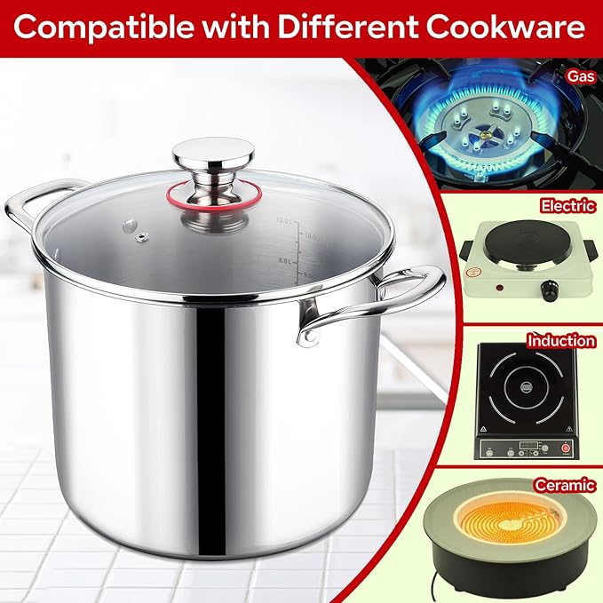LIANYU 12 QT Stock Pot with Lid, 12 Quart Deep Tall Large Soup Pot for Cooking, Stainless Steel Tri-Ply Heavy Duty Large Stockpot, Nonstick Induction Stockpot with Measuring Mark&Glass Lid