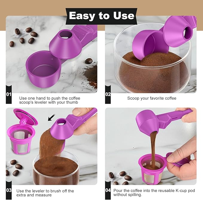 Coffee Scoop & Funnel for Reusable K Cup Refillable Coffee Pods, Coffee Measuring Spoon 2 Tablespoon Capacity, Scoop with Funnel for Ground Coffee, Protein Powder, Tea (Purple, 2 Pack)
