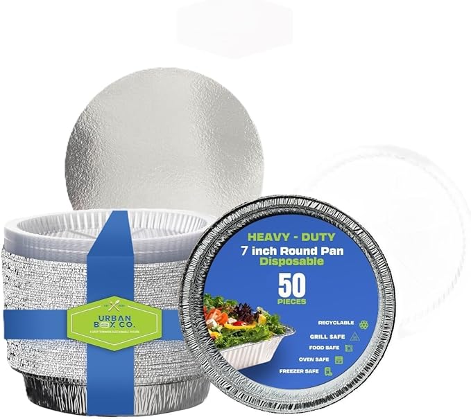7” Round Aluminum Foil Pans - 50 Pack with Clear Dome Plastic Lid | Disposable Deep-Sided Baking Pans, Ideal for food storage, Baking, Grilling, Cooking, Catering & Prepping. (50, with Dome Lid).
