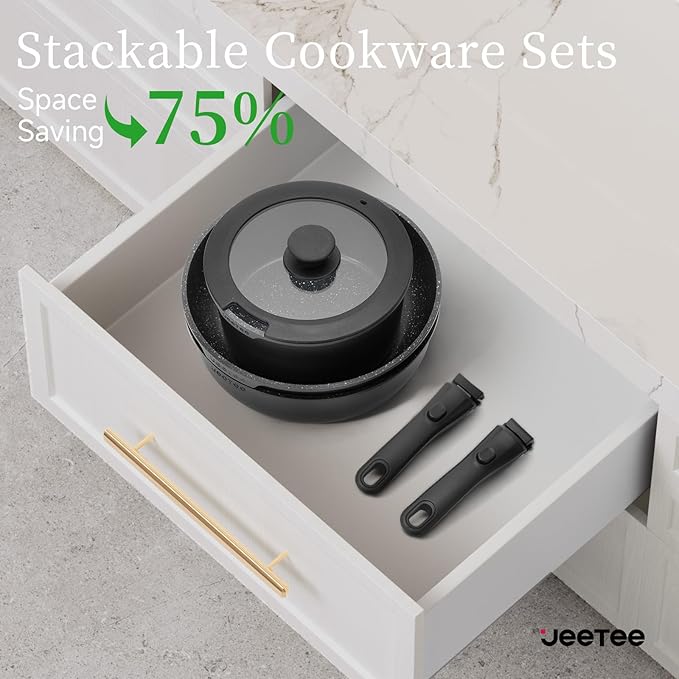 JEETEE Pots and Pans Set Non Stick 17pcs, Kitchen Cookware Sets with Detachable Handle, Induction Nonstick Cookware Set with Removable Handle, Stackable RV Cookware, Oven Safe, PFAS/PFOA Free, Black