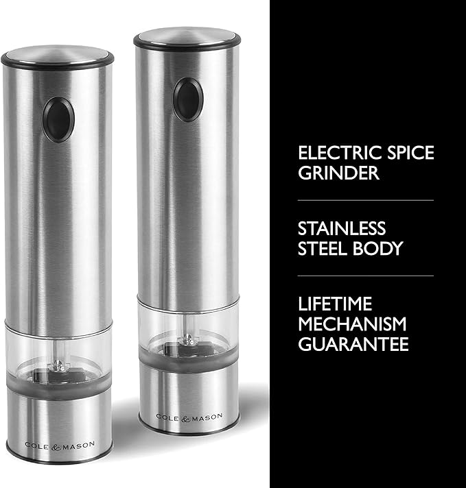 Cole & Mason Battersea Electronic Salt & Pepper Mill Gift Set - One-Button Electric Spice Grinder with Large Grinding Chamber - Adjustable Grind Knob - Electric Kitchen Tool - Stainless Steel