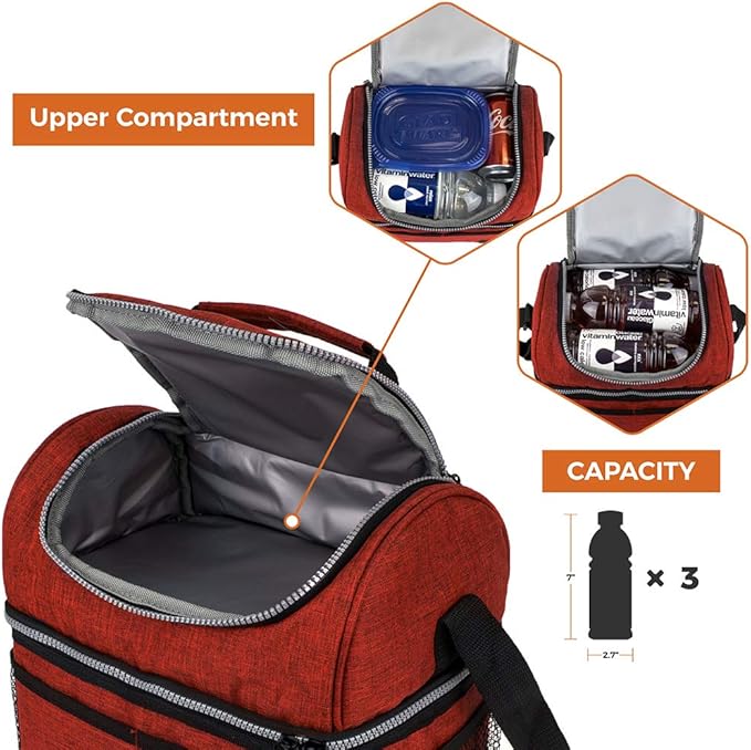 OPUX Lunch Box For Men Women, Insulated Large Lunch Bag Adult Work, Double Decker Lunchbox Meal Prep, Dual Compartment Leakproof Lunch Cooler, Soft Lunch Pail Tote Boys Girls Kids School, Red 16 Cans
