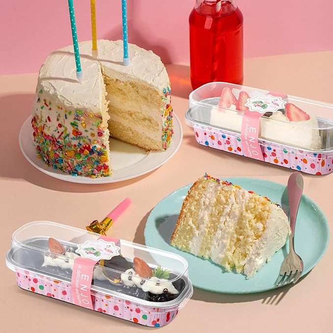 Tioncy 50 Pcs Mini Pink Loaf Pans with Lids Spoons Sticker Colorful Dots 6.8oz Disposable Rectangle Aluminum Foil Baking Pans Muffin Cupcake Cups for Picnics Wedding Birthday Baby Shower
