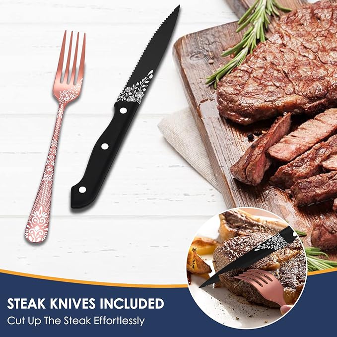 EUIRIO 53-Piece Rose Gold Silverware Set with Serving Utensils, Rose Gold Flatware Set for 8, Stainless Steel Mirror Cutlery Set, Spoons Forks Knives with Unique Floral Laser, Dishwasher Safe