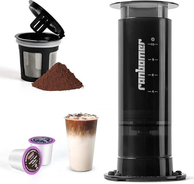 French Press Coffee Maker, 2-in-1 Single Serve K Cup Compatible, Portable Coffee Machine for Ground Coffee, Black, 10 Oz Capacity, for Camping, Travel