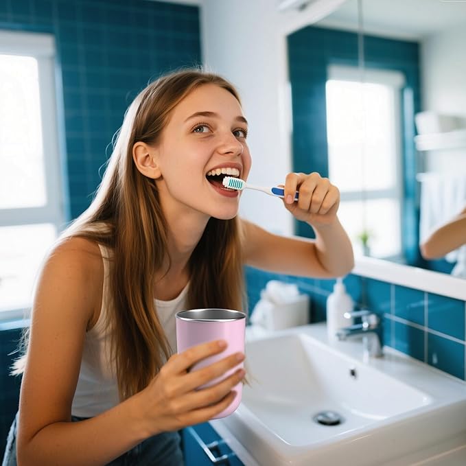 Mouthwash Cup，stainless steel cup 12-ounce drinking cup，Bathroom Tumbler - Toothbrush Cup-Reusable Drinkware - home and outdoor activities,coffee cup, office and travel(pink)