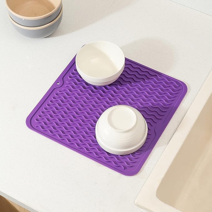 Silicone Dish Drying Mat for Multiple Usage,Easy clean,Eco-friendly,Heat-resistant Silicone Mat for Kitchen Counter or Sink,Refrigerator or Drawer liner Purple M 12 inches x 12 inches