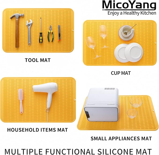 Silicone Dish Drying Mat for Multiple Usage,Easy clean,Eco-friendly,Heat-resistant Silicone Mat for Kitchen Counter or Sink,Refrigerator or Drawer Liner Yellow 3XL 28 inches x 18 inches