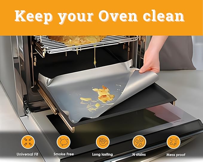 Oven Liners for Bottom, 2 Pack Large Thick Heavy Duty 100% Non-stick Reusable Teflon Mat, 25"x17" Baking Mat for Electric, Gas, Toaster Ovens, Grills (Silver)