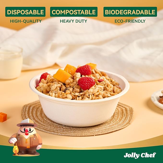 JOLLY CHEF Compostable Disposable Paper Bowl [16 oz] Heavy Duty Soup Containers [500 Pack] Biodegradable Bagasse Hot Cold Food Eco-Friendly Sugarcane Microwavable Bowls for Salad Dessert Milk Cereals