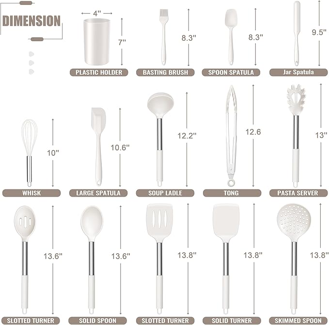 E-far 14 Pieces Silicone Cooking Utensils Set, Kitchen Utensils Set with Holder, Spatula, Ladle, Spoon, Slotted Turner for Nonstick Cookware, 446°F Heat Resistant & Stainless Steel Handle, Cream White
