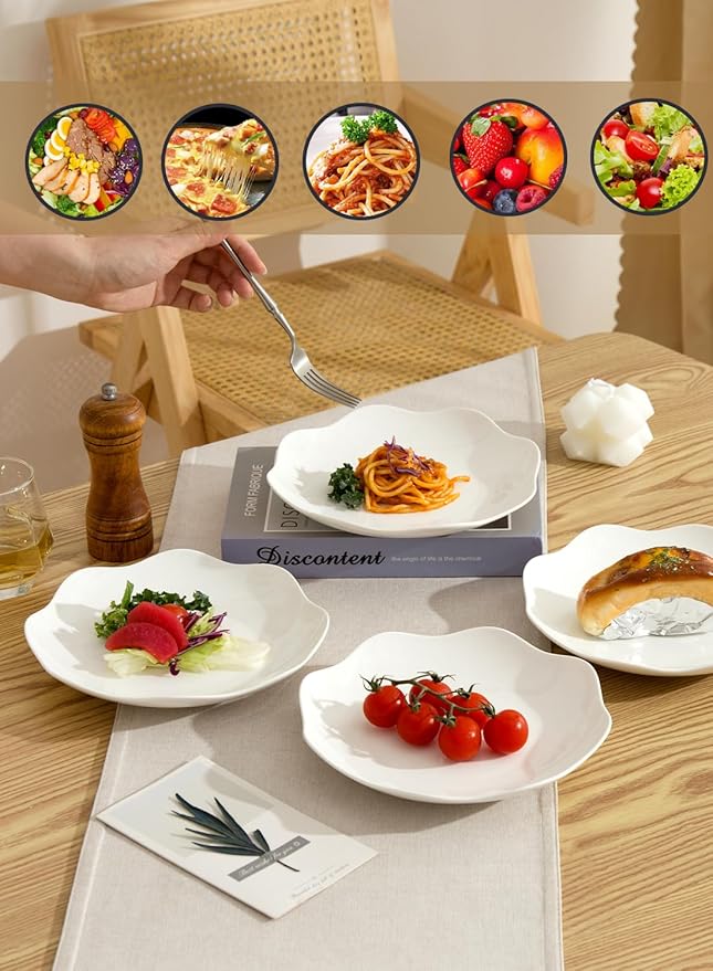 8.5 Inch Salad Plates Set of 8, Ceramic White Leave Wave Rim Small Dinner Appetizer Pasta Plate, Porcelain Dinnerware Serving Dishes for Pancakes, Steak, Pizza, Microwave, Dishwasher Safe