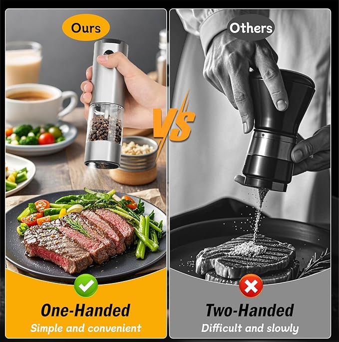 Electric Salt and Pepper Grinder, Stainless Steel Pepper Mill with Light, Adjustable Coarseness Salt & Pepper Mill Electronic Pepper Shaker Battery Operated One Handed Operation Grinder (Silver)