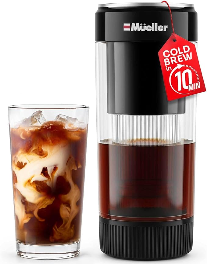 Mueller RapidBrew Cold Brew Iced Coffee Maker – 10 Min Fast Brew Portable Rechargeable Cold Brew Machine for Coffee & Tea – Adjustable Strength 10-99 Min – 20 Servings Per Charge, Black Coffee