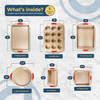 Perlli Baking Kit: Nonstick Gold Steel Oven Set - 6 Pieces, Round Cake Pan, Loaf Pan, Square Pan, Muffin Pan, Cookie Sheet, Roaster - Silicone Handles