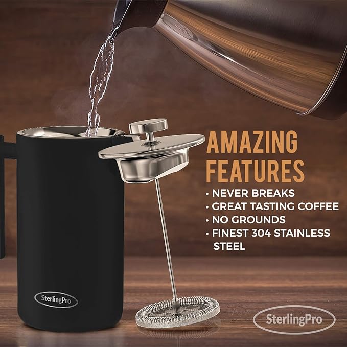 Stainless Steel French Press Coffee Maker Large 1 L(34 oz) Black – Durable Double Walled Insulated Coffee Press Keeps Drinks Hot, Easy to Use and Clean Stylish Design for Rich Flavor