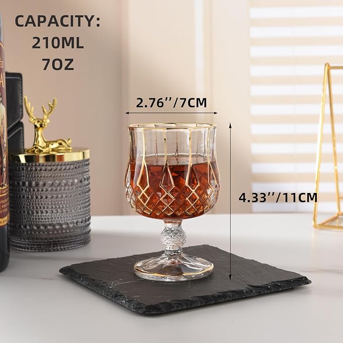 GLASKEY Crystal Brandy and Cognac Snifter Glasses Set of 2-24K Gold Hand Decorated,Short Stem Cognac Glass Brandy Goblets for Bourbon,Scotch,Tequila,Armagnac,Rum,Gift Ideas-7oz