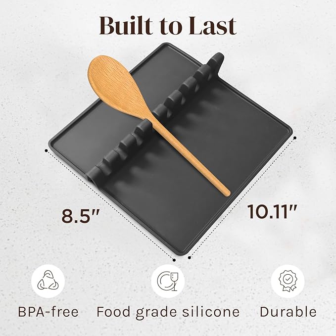 Black Silicone Spoon Rest for Stove Top with Drip Pad (1 Pack) - Heat-Resistant, BPA-Free Utensil Rest & Spoon Holder for Kitchen Counter - Grill Utensil Holder for Spatulas, Tongs, Ladles