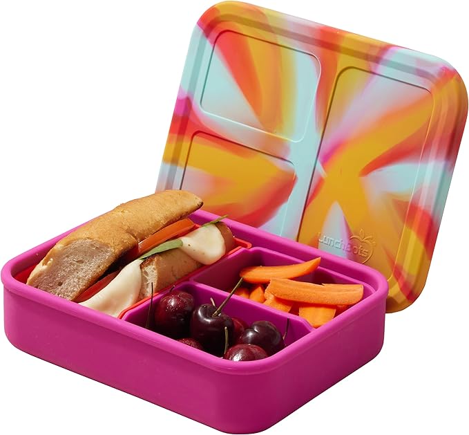 LunchBots Build -a- Bento Lunch Box, Silicone Bento Box for Kids, Multi-Compartment Lunch Container, Oven & Dishwasher Safe, BPA Free, 32 oz - Tie Dye Pink