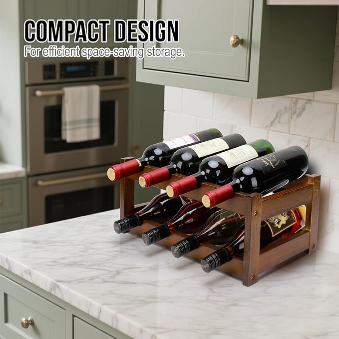 Bamboo Wine Rack, 2-Tier 8 Bottles Wine Storage Cabinet Shelf, Easy-Assembly Freestanding Bamboo Wine Racks Countertop for Kitchen Pantry Dining Room Bar, Walnut