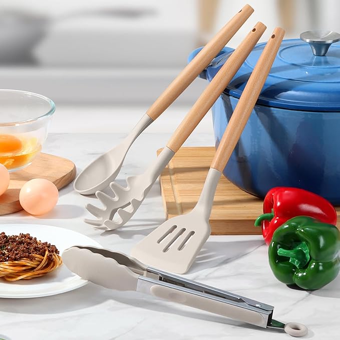 LIANYU 15-Piece Kitchen Cooking Utensils Set with Holder, Silicone Cooking Utensils Include Spatula Tong Slotted Spoon Turner Whisk Brush, Wooden Handle Kitchen Tools for Nonstick Cookware, Khaki