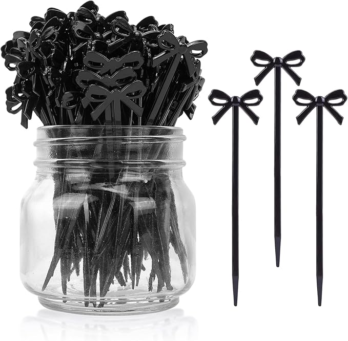 100Pcs Bow Cocktail Picks Party Toothpicks Christmas Black Plastic Fruit Skewers Bow Drink Stirrers Cupcake Toppers Fancy Toothpick for Appetizers Drinks Wedding Coquette Birthday Bow Party Decor