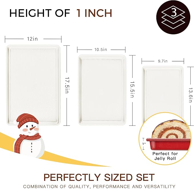 HONGBAKE 3 Pack Nonstick Ceramic Baking Sheet Pan Set for Oven, Non-Toxic Half/Quarter/Jelly Roll Pans with Diamond Texture, 0.8mm Aluminized Steel Cookie Trays for Cooking, Christmas Red & Cream
