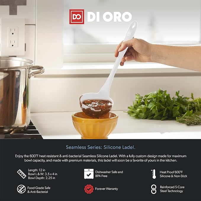 DI ORO Silicone Ladle – Soup Ladle for Cooking & Serving Heat-Resistant - Large Kitchen Soup Ladle Nonstick Cookware Safe - Soup Serving Spoon with Wide Bowl - Silicone Utensil Dishwasher Safe (Stone)