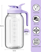 64oz Glass Mason Jar Pitcher with Lid Wide Mouth, 2 Quart Leakproof Glass Water Jug for Juice, Sun Iced Tea, Cold Brew Coffee, Milk Storage, Purple