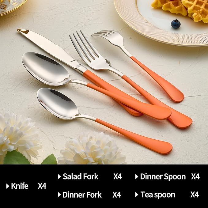 20-Pieces Orange Silverware Sets for 4,Orange Handle Stainless Steel Cutlery Set, Include Forks Spoons and Knives Set, Dishwasher Safe Utensil Sets for Home Restaurant