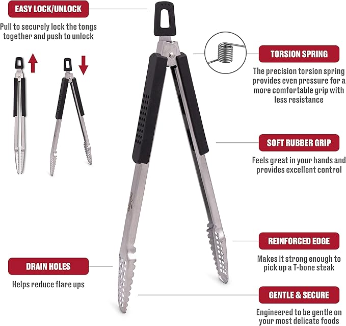 12" Long Tongs 18/0 Stainless Steel BBQ Grill Tongs with Durable Soft Grip Handle for Cooking - Durable Grilling Accessory, Tongs for Cooking & Kitchen, Outdoor Barbecue, Easy to Clean