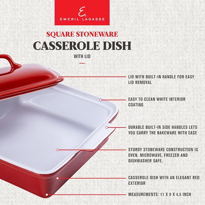 Emeril Lagasse Square Stoneware Baking Dish - 1.5Qt Lasagna Baking Dish, Perfect for Casseroles, Lasagna, and More!