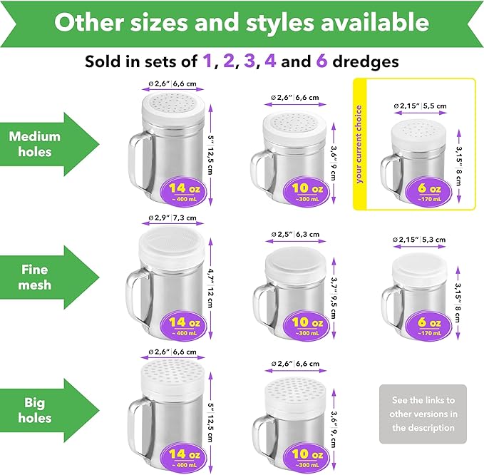 CUSINIUM Metal Salt Pepper Cooking Dredge Shakers - With Handle - Seasonings Spice Shakers With Holes and Lids - 6 Ounce, 2pcs | Style: Medium